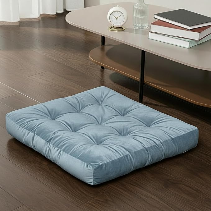 Floor Pillow for Sitting, Large Velvet Floor Seating Cushion for Adults, Tufted Big Pillow for Meditation, Yoga & Living Room, Machine Washable, 22x22 Inch, Blue