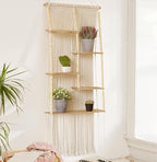 Macrame Wall Hanging Shelf Boho Wall Decor Home 2 Tier Hanger Shelves Braided with Tassels Shelves Organizer for Kitchen, Bedroom, Home Storage, Floating Plant Shelf (Wood)