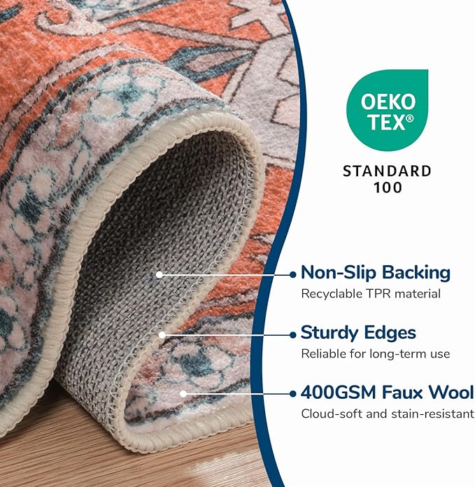 Lessymo 5x7 Area Rugs for Living Room- Machine Washable Area Rugs, Super Soft Faux-Wool Boho Bedroom Area Rug Vintage Floral Medallion Non-Slip Low Pile, Kid & Pet Friendly, Tangerine Blue