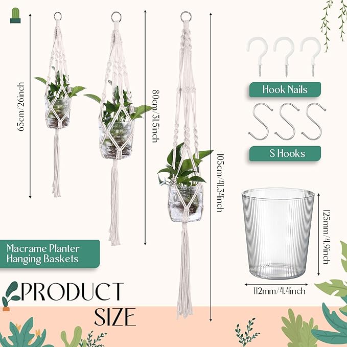 3 Pcs Plastic Plant Propagation with Boho Macrame Hanger Wall Plant Propagation Station Hanging Holder Include Hooks Kit for Indoor Home Garden Office Decor 3 Size, Beige