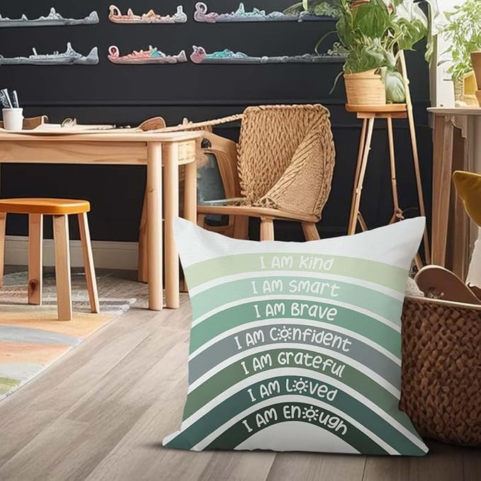 QIYUHOY Boho Sage Eucalyptus Green Rainbow Classroom Throw Pillow Covers, Olive Green Pillow Cover, Book Center Calming Corner Playroom Decor Pillow Case,I Am Kind Smart Brave Confidence,18x18 Inch