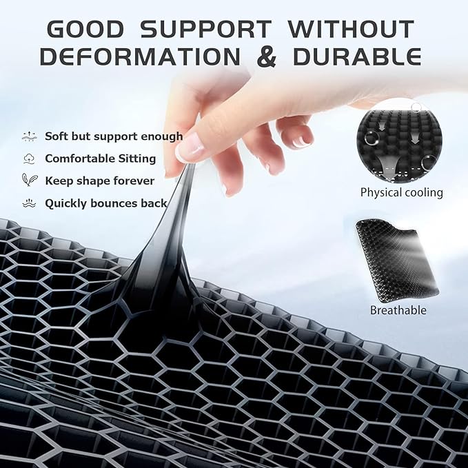 Gel Seat Cushion, Jumbo&Thick Gel Cushion Chair Pads with Non-Slip Cover for Home Office Car Seat Wheelchair, Soft Breathable Honeycomb Seat Pads for Relieve Hip Pain,Black 20x20x1.9inch