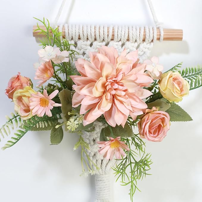 Macrame Wall Hanging, White Cotton Rope with Artificial Dahlia Flowers, 8x23 Inches, Handcrafted Boho Tapestry with LED Lights, Decorative Wall Art for Living Room, Bedroom (Salmon Pink)
