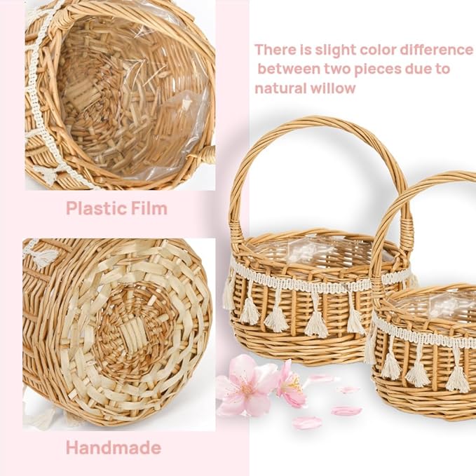 2 Pack Flower Girl Basket, Small Wicker Basket with Silk Petals, White Ribbon, Plastic Liner, Decorative Woven Willow Rattan Basket for Wedding, Gifts, Camping, Home Decor