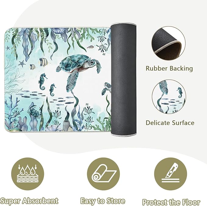 Sea Turtle Rugs for Kitchen Floor, Coastal Beach Anti Fatigue Mats for Kitchen Floor Non Slip, 2PCS Rubber Kitchen Mat, Washable Cushioned Carpet for Sink Laundry Christmas 15.7"×27.5" +15.7"×47"3.5mm