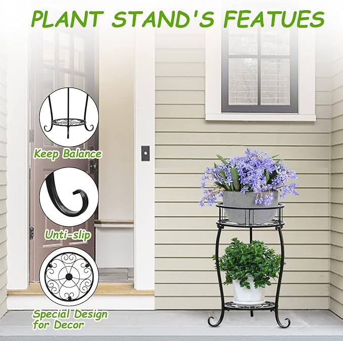 Potted Plant Stand 2 Tier Metal Flower Pot Stand Anti-Rust Heavy Duty Plant Holder Shelf for Home Indoor Outdoor