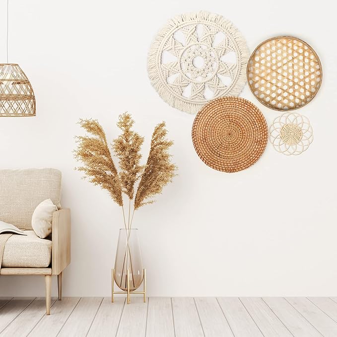 Tatuo Set of 4 Boho Wall Basket Decor Round Rattan Hollow Bamboo Baskets Flower Shape Flat Woven Wall Decor Hanging Basket Set Macrame Tassel Tapestry for Bedroom Living Room