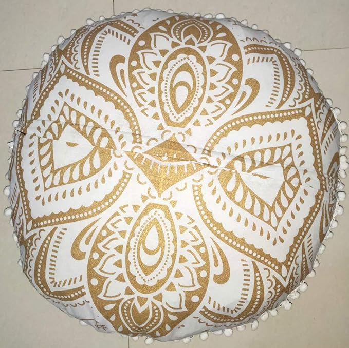 24" White Gold Flower Mandala Barmeri Large Floor Pillow Cover Cushion Meditation Seating Ottoman Throw Cover Hippie Decorative Zipped Bohemian Pouf Ottoman Pom Pom Cases ( 24 " round)