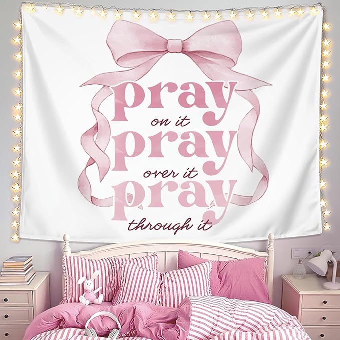 LIANGW Pink Coquette Bow Christian Tapestry, Inspirational Christian Tapestry for Women, Indoor Outdoor Wall Art Tapestriesfor Home Bedroom Girls Dorm Apartment- Pray On It 50x60 inches