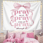LIANGW Pink Coquette Bow Christian Tapestry, Inspirational Christian Tapestry for Women, Indoor Outdoor Wall Art Tapestriesfor Home Bedroom Girls Dorm Apartment- Pray On It 50x60 inches