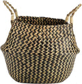 1Pc Woven Seagrass Belly Basket for Storage, Laundry, Picnic, Plant Pot Cover, and Grocery and Toy Storage (Black (Wavy Pattern))