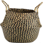 1Pc Woven Seagrass Belly Basket for Storage, Laundry, Picnic, Plant Pot Cover, and Grocery and Toy Storage (Black (Wavy Pattern))