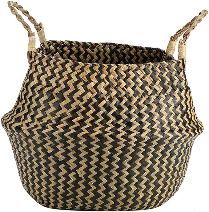 1Pc Woven Seagrass Belly Basket for Storage, Laundry, Picnic, Plant Pot Cover, and Grocery and Toy Storage (Black (Wavy Pattern))