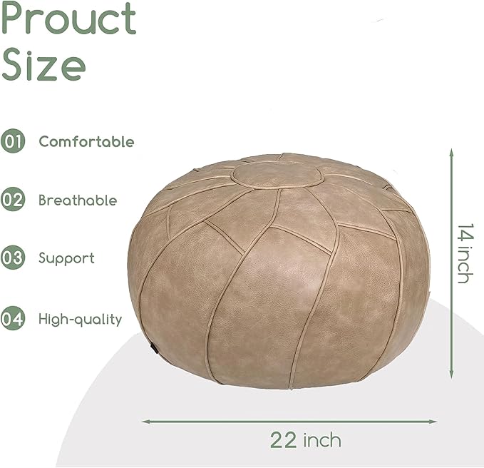 Thgonwid Round Unstuffed Pouf Cover, Leather Foot Stool Ottoman with Storage, Bean Bag Floor Chair, Multi Functional Footrest for Living Room, Bedroom or Balcony (Mushroom)