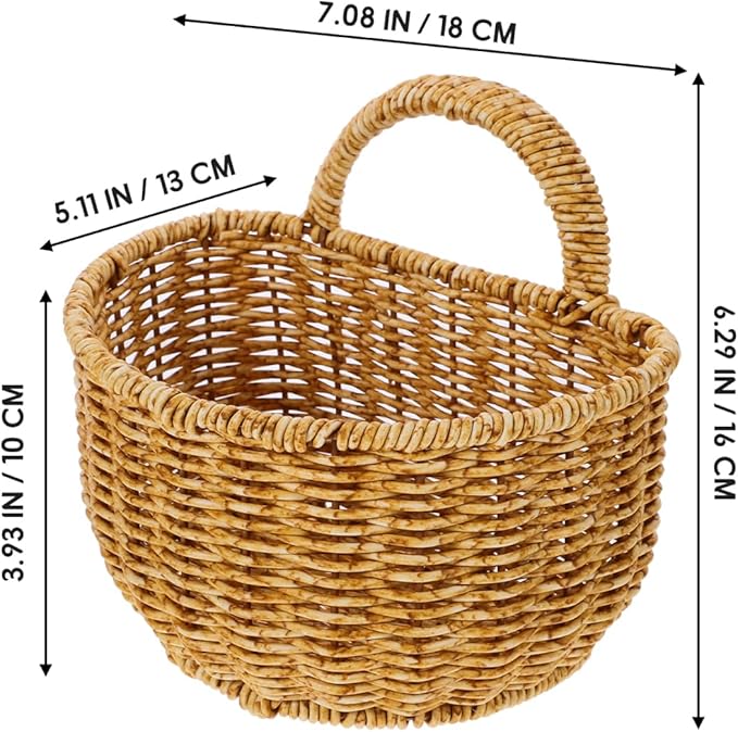 TEHAUX Hand Woven Hanging Basket for Kitchen Storage Lightweight Wall Mounted Rattan Style Organizer 7.08X5.90X5.11 Inches Space-Saving Container for Household Sundries