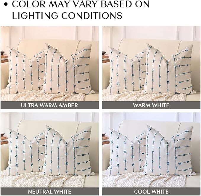 AELS 18x18 Decorative Boho Linen Throw Pillow Covers, Modern Farmhouse Textured Pillow Case, Set of 2, Tufted Stitch Stripe Cushion Cover for Bed Sofa Couch Living Room (Cover ONLY), Blue