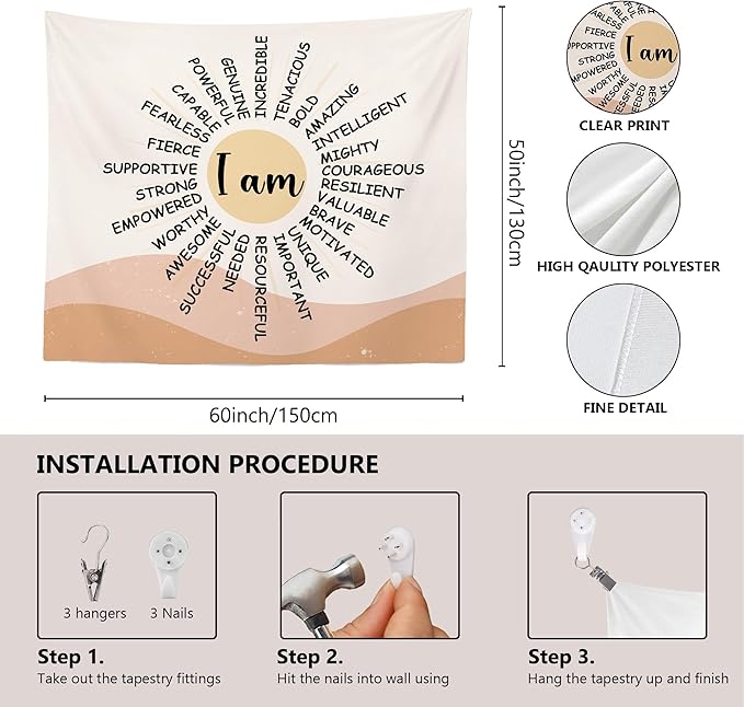 MNOSAIOO Inspirational Boho Sun Wall Tapestry Hanging for Classroom Kids, I Am Brave Important Tapestry, Motivational Mental Health Tapestries Wall Decor for Bedroom Therapy Office Home 60x50 inch