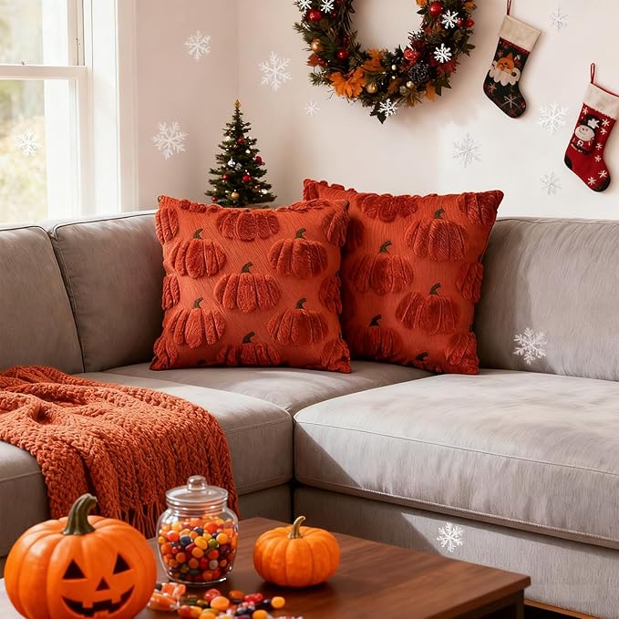 Fall Pumpkin Decorative Throw Pillow Covers 22x22 Set of 2 Pillow Covers, Faux Fur Square Pillow Cover Fluffy Plush Accent Throw Pillow Case, Throw Pillow Cover Cushion Cover for Autumn, Rust Red