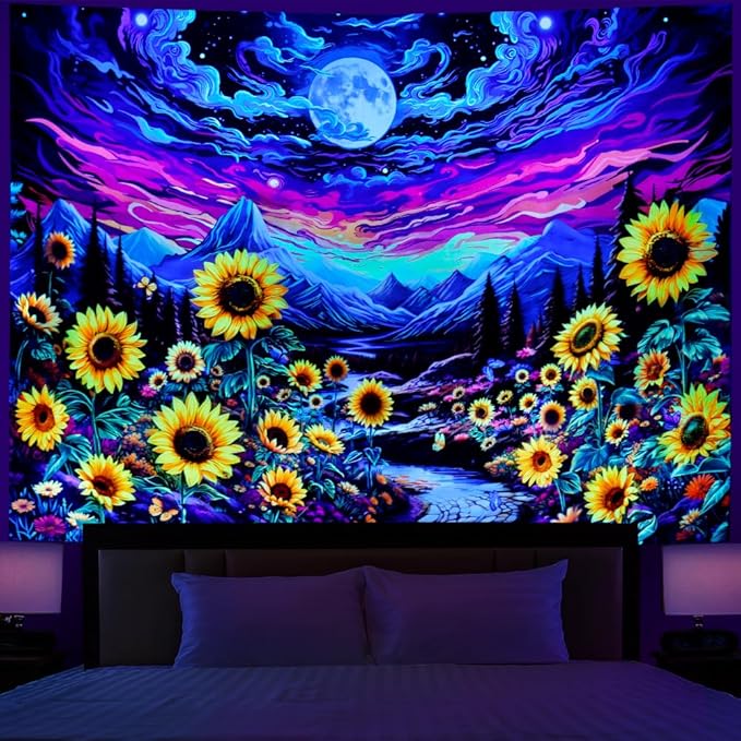 Dermijer Blacklight Moon Sunflower Tapestry Starry Night Mountian UV Reactive Wall Hanging Tapestries Galaxy Space Nature Landscape Tapestry for Home Decor 90.2L x 70.8W