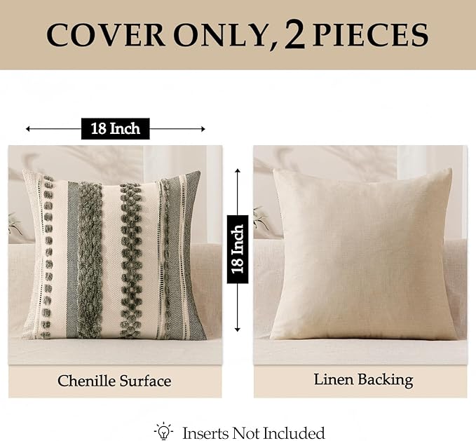 ANRODUO Pack of 2 Boho Decorative Throw Pillow Covers 18x18 Farmhouse Cushion Case Striped Chenille Pillow Cases Square Pillow Covers Accent Neutral Pillowcase for Sofa Couch Bed, Gray Stripe 2