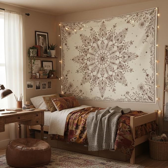 Accnicc Boho Floral Mandala Tapestry Wall Hanging Bohemian Beige Flower Tapestry Aesthetic Hippie Indian Large Tapestries for Bedroom Living Room Dorm Decor 80 x 60 Inch