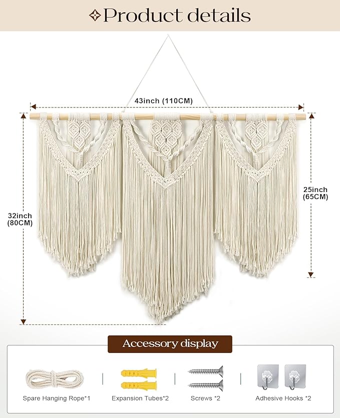 Tempospark Large Macrame Wall Hanging, 43" Wx32 L Boho Wall Hangings for Living Room Bedroom Nursery, Boho Chic Large Macrame Tapestry for Bedroom Wall Decor (Weave)