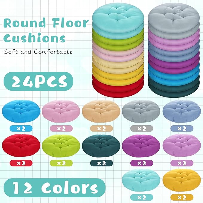 Tinideya 24 Pcs Round Floor Cushions Floor Pillows Meditation Seat Pillows Flexible Seating for Adults Kids, Chair Cushions for Classroom, Nursery, Living Room, Yoga(Medium 15.7 Inch,Multi Color)
