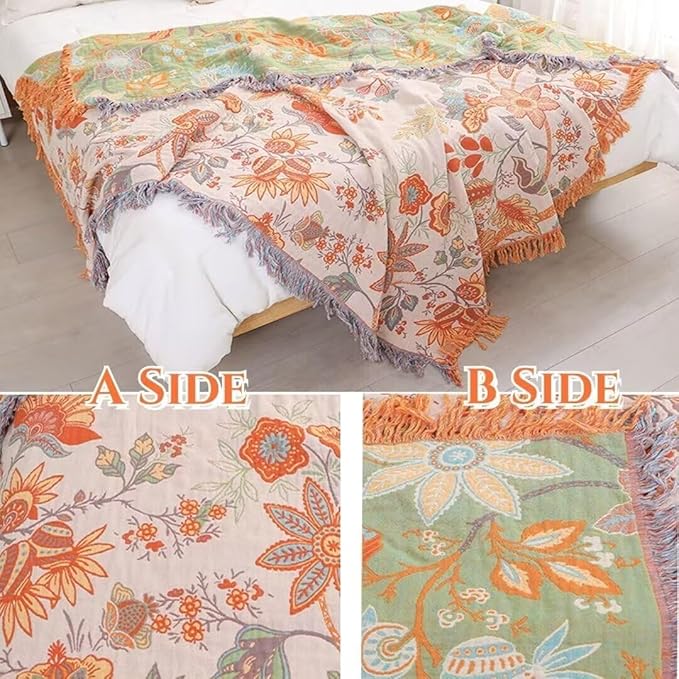 Boho Blanket for Bed 100% Cotton Bohemian Throw Blankets Ultra Soft Woven Muslin Decorative Blankets All Seasons Vintage Quilt Knitted Blanket for Sofa Chair(Orange, 50"x60")