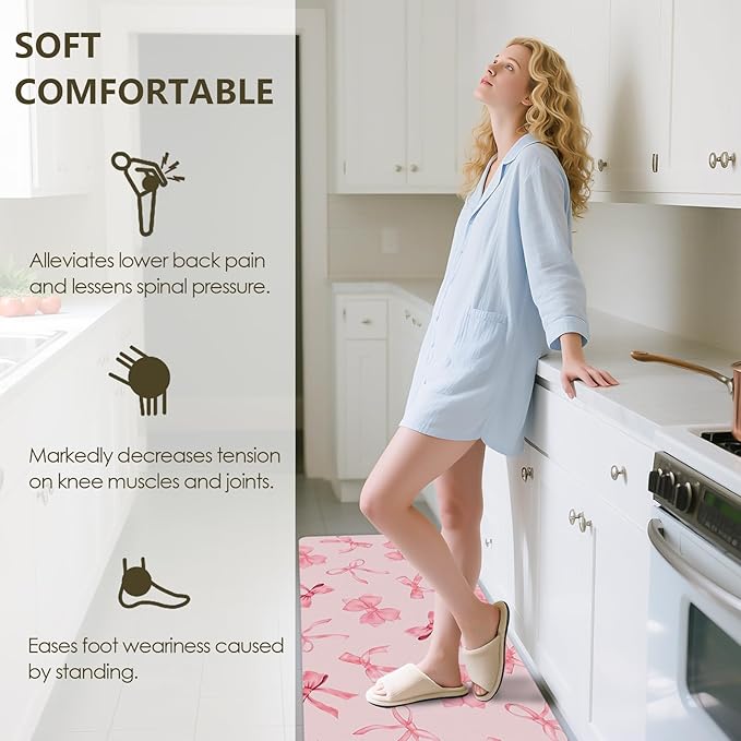 Bow Rugs for Kitchen Floor, 2PCS Anti Fatigue Pink Bow Mats for Kitchen Floor Rubber Non Slip, Washable Cushioned Bowknot Carpet Rug for Sink Laundry Gifts for Christmas 15.7"×27.5" +15.7"×47" 3.5mm