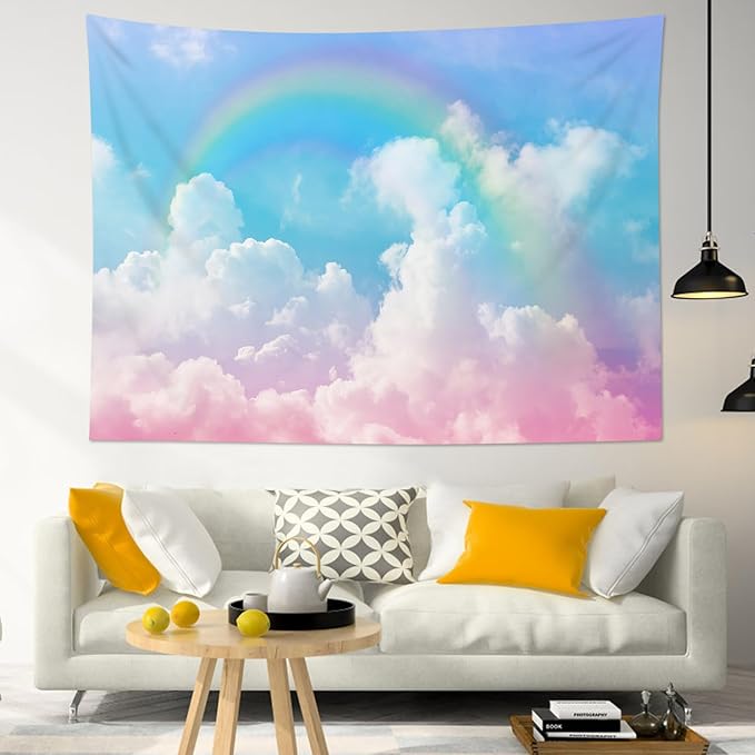 LB Cloud Rainbow Wall Tapestry Pastel Rainbow Pink White Cloud with Blue Sky Tapestry Nature Landscape Wall Decor for Bedroom Living Room Dorm 60Wx40L Inches