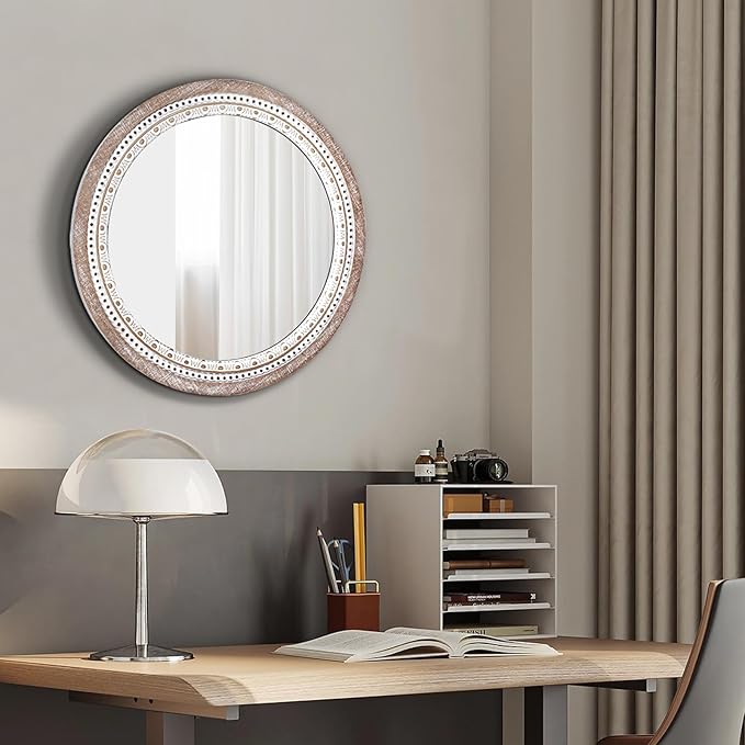 24 Inch Wooden Round Mirror for Wall Decor, Farmhouse Boho Circle Mirrors with Beaded Frame, Decorative for Bedroom, Bathroom, Living Room, Entryway