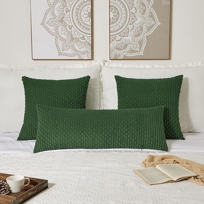Kevin Textile 20x54 Inch Long Body Lumbar 1 Pack Boho Decorative Throw Pillow Cover Soft Striped Corduroy Rectangle Cushion Case Farmhouse Accent for Living Room Couch Sofa Bed, Dark Green