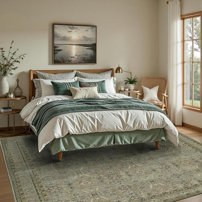 5x7 Area Rugs for Living Room Bedroom, Washable Rug, Vintage Floral Boho Rug, Non Slip & Low Pile Faux Wool Thin Carpet for Indoor Dining Room and Kids Room(Olive Brown 5x7ft)