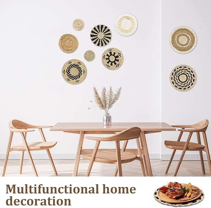 MJOGGOTT 9 Pcs Boho Wall Basket Decor Hanging Woven Wall Basket Art Decor Rattan Wicker Seagrass Home Round Tassels White Macrame Tapestry Baskets Decoration for Kitchen Home Farmhouse Decoration