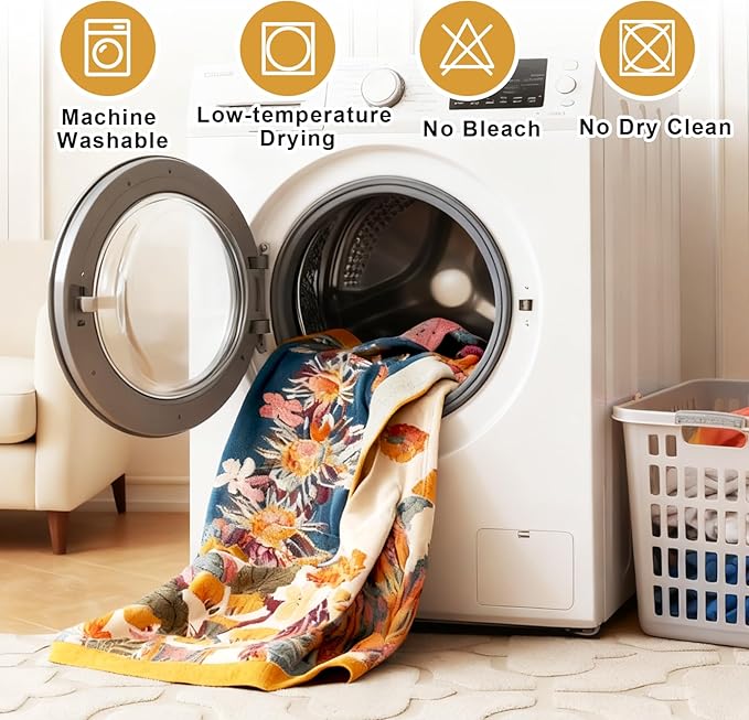 Boho Throw Blanket for Bed 60"x80", 100% Soft Cotton Bohemian Blankets with Rustic Floral Printed Decor, Spring Throw Blanket for Couch Cozy Breathable King Size All Season