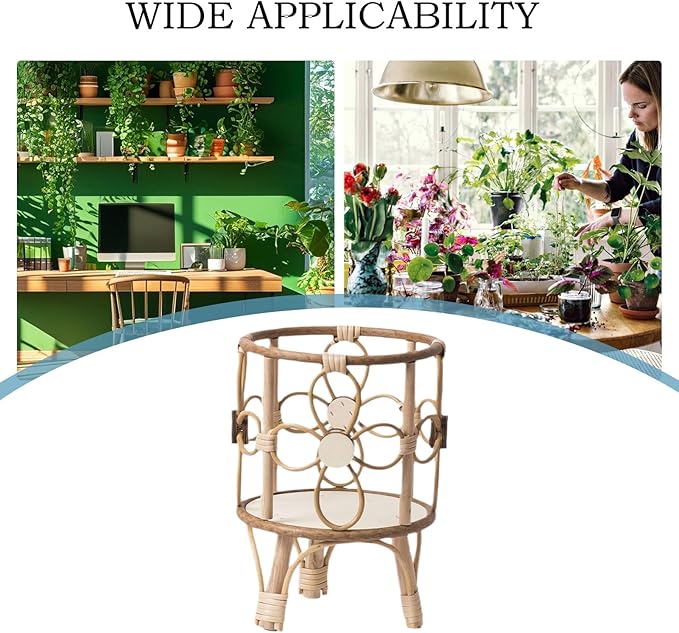 Rattan Plant Stand - 28x21x20cm, ABS Wood, Natural Brown, Hollow Stool Shelf, Pot Holder, Rustic Display Rack | Indoor Outdoor Boho Style Balcony Patio Living Room Decorative Flower Stand