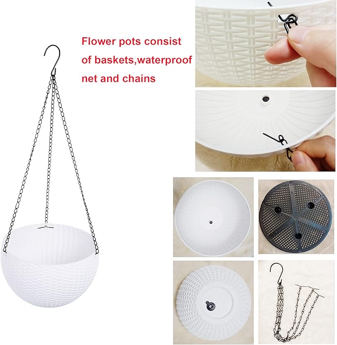 Hanging Basket Plastic Flower Pot Round Resin Garden Hanging Planter for Indoor Outdoor Plants 2 Pack White