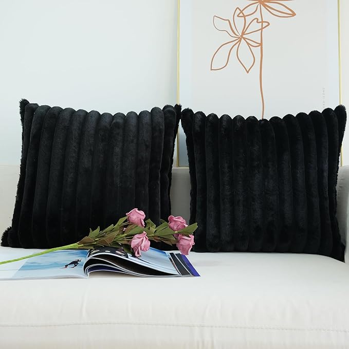 JOJUSIS Pack of 2 Faux Fur Plush Decorative Throw Pillow Covers Couch Cushion Case Soft Pillowcases (Black, 16 x 16-Inch)