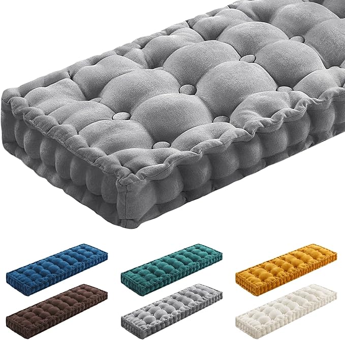 Geelin 48x18 Inch Bench Cushions for Indoor Furniture Chenille Velvet Gray Button Tufted Thicken Window Seat Pad Mat with Memory Foam Non Slip Long Floor Pillow for Entryway Dining Sofa Breakfast Nook