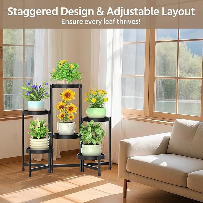 LASZOLA 6 Tiered Plant Stand Indoor Outdoor with Plastic Tray, Corner Folding Tall Flower Display Rack, Modern Plant Holder Shelf for Outdoor Patio Porch Garden Office Living Room, Black