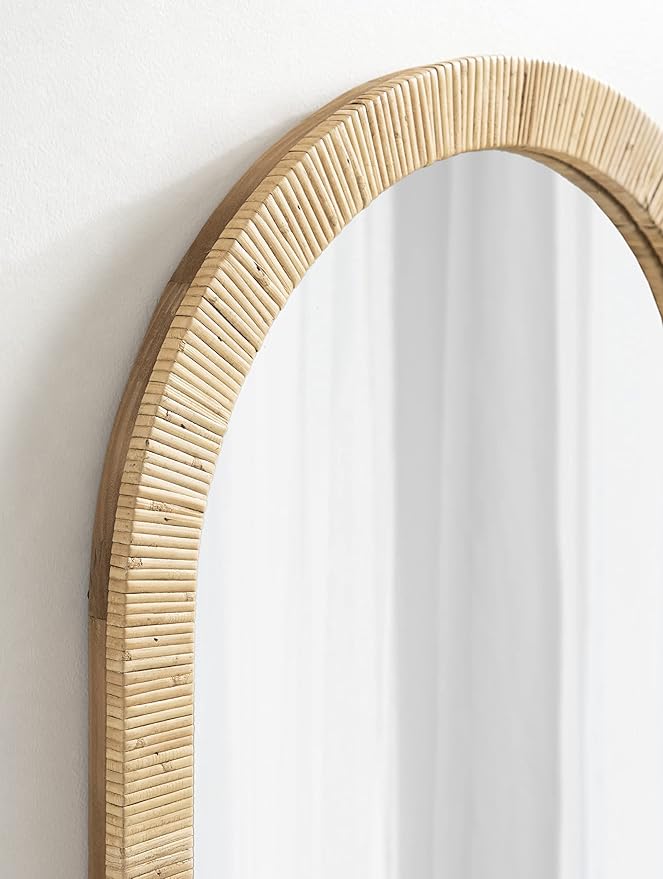 Kate and Laurel Rahfy Boho Arch Rattan Mirror; 20x30; Natural Wood; Decorative Wooden Mirror with Authentic Rattan Frame for Bohemian Wall Decor