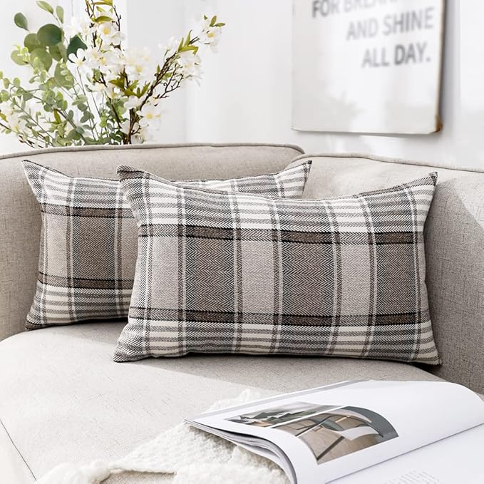 CARRIE HOME Brown Tartan Plaid Lumbar Pillow Cover 12x20 Set of 2 Farmhouse Buffalo Plaid Brown Striped Lumbar Throw Pillow Cover for Living Room Couch Sofa