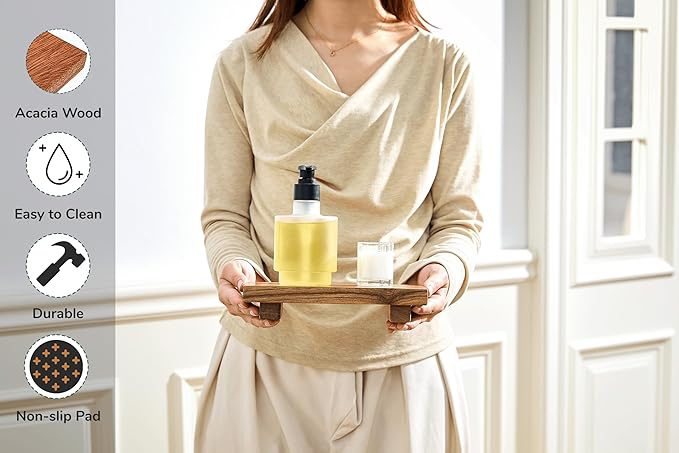 X-Small 8.5" Acacia Wood Riser Pedestal Stand, Farmhouse Bathroom and Kitchen Sink Decor, Decorative Wood Tray for Counter, Soap Dish Holder, Vanity Tray (XS: 8.5" x 4.0" x 1.57")