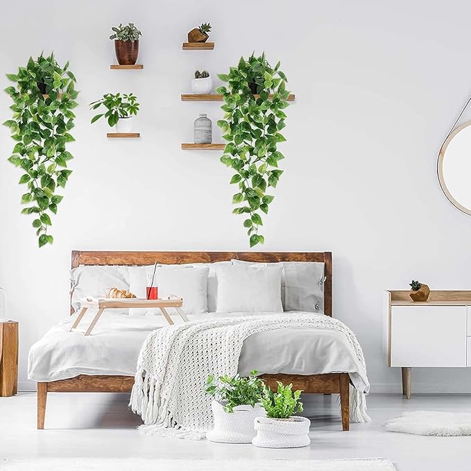 BLEUM CADE Fake Hanging Plants, 4pcs Artificial Pothos Vines Greenery for Wall Home Living Room Office Indoor Outdoor Decor (No Baskets)