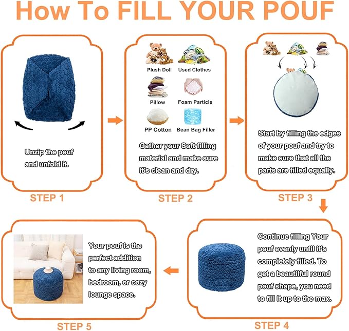 Unstuffed Ottoman Pouf Cover – Round Faux Fur Footstool Plush Floor Pouf (No Filler Included) Perfect for Living Room, Bedroom, or Office Lounge (Navy Blue, 20x20x15 in)