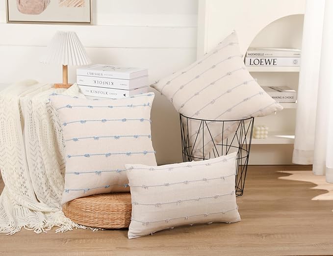 Set of 2 Boho Throw Pillow Covers 26x26,Light Blue and White Neutral Couch Pillow Case with Tassel Fringe Decorative,Modern Accent Farmhouse Cushion Covers for Sofa Couch Bed Living Room