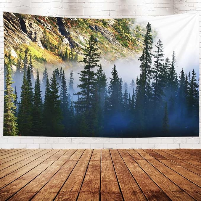 EMMTEEY Misty Mountain Nature Wall Tapestry Fog and Pine Tree on Rugged Mountainside for Teen 92.5X70.9 Inches Present for Families