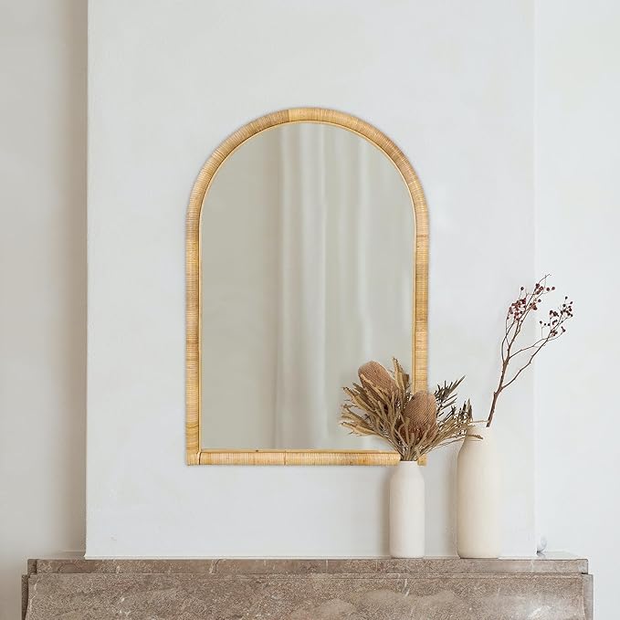 Rattan Wall Mirror, 36 x 24 - Boho Style for Bedroom, Bathroom, Living Room & Entryway (Natural Rattan Frame)