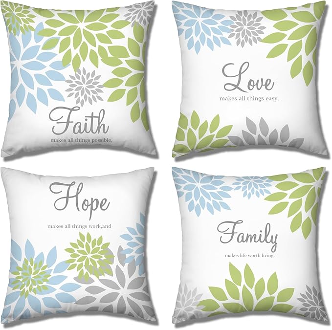 Tatuo 4 Pcs Flower Pillow Covers Square Spring Pillow Cushion Cases 18 x 18 Inch Family Faith Hope Love Words Decorative Summer Winter Cushion Case for Bed Couch Sofa Living Room(Green Series)