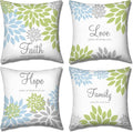 Tatuo 4 Pcs Flower Pillow Covers Square Spring Pillow Cushion Cases 18 x 18 Inch Family Faith Hope Love Words Decorative Summer Winter Cushion Case for Bed Couch Sofa Living Room(Green Series)